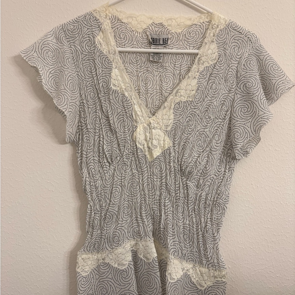 Bobbie Bee Cream Lace-Trim Polka Dot Blouse